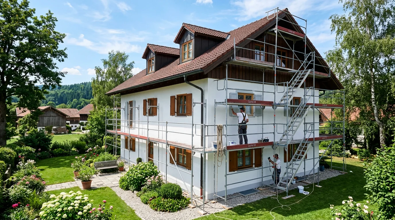 Fassadensanierung — Deutsches Fachwerkhaus wird frisch gestrichen