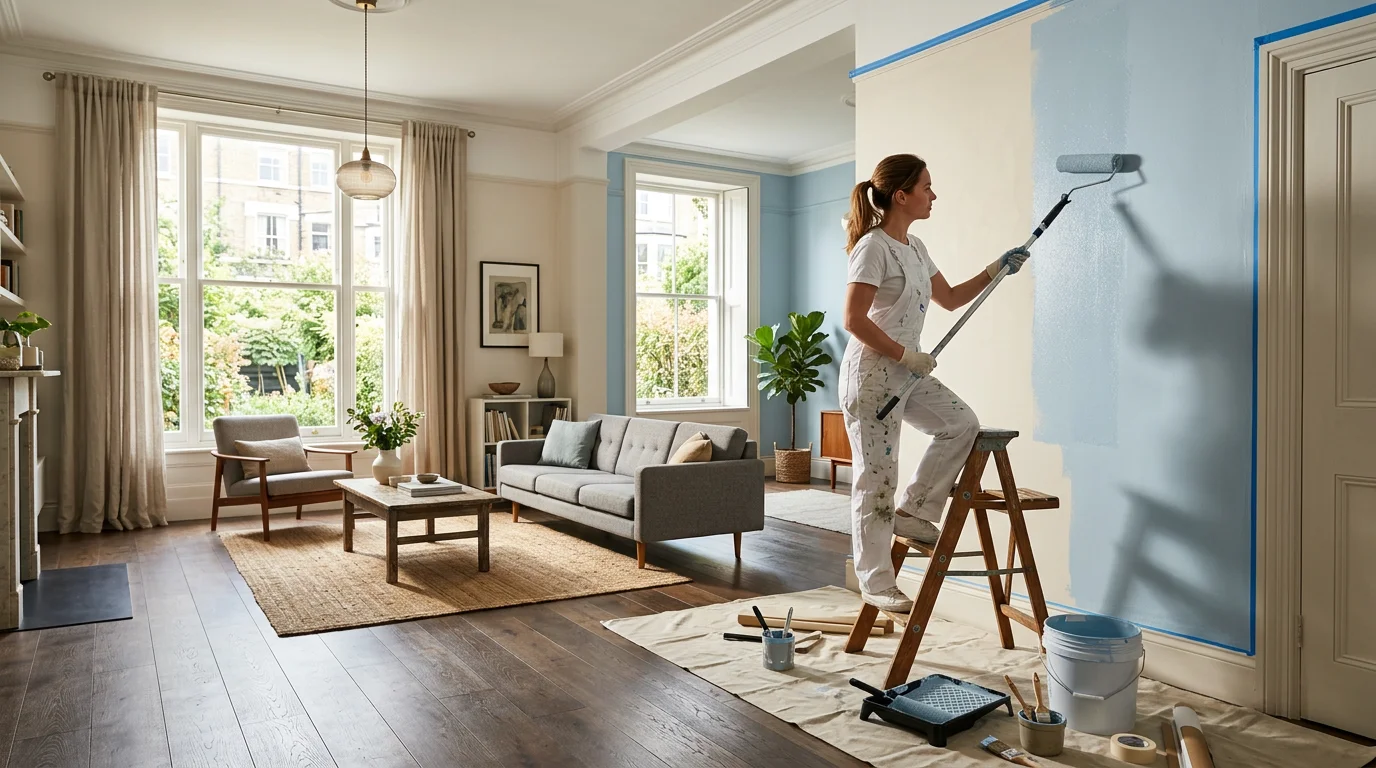 Professionelle Innenmalerei — Wand wird mit Farbrolle gestrichen